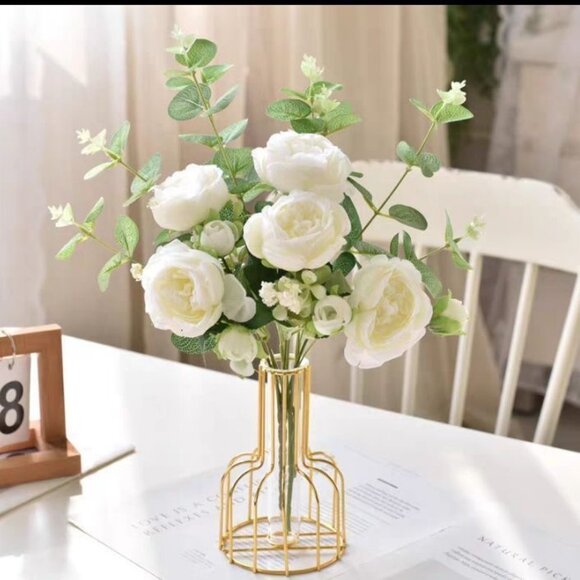 Artificial Flowers with Metal Vase, Champagne Peonies, Eucalyptus - Picture 2 of 3